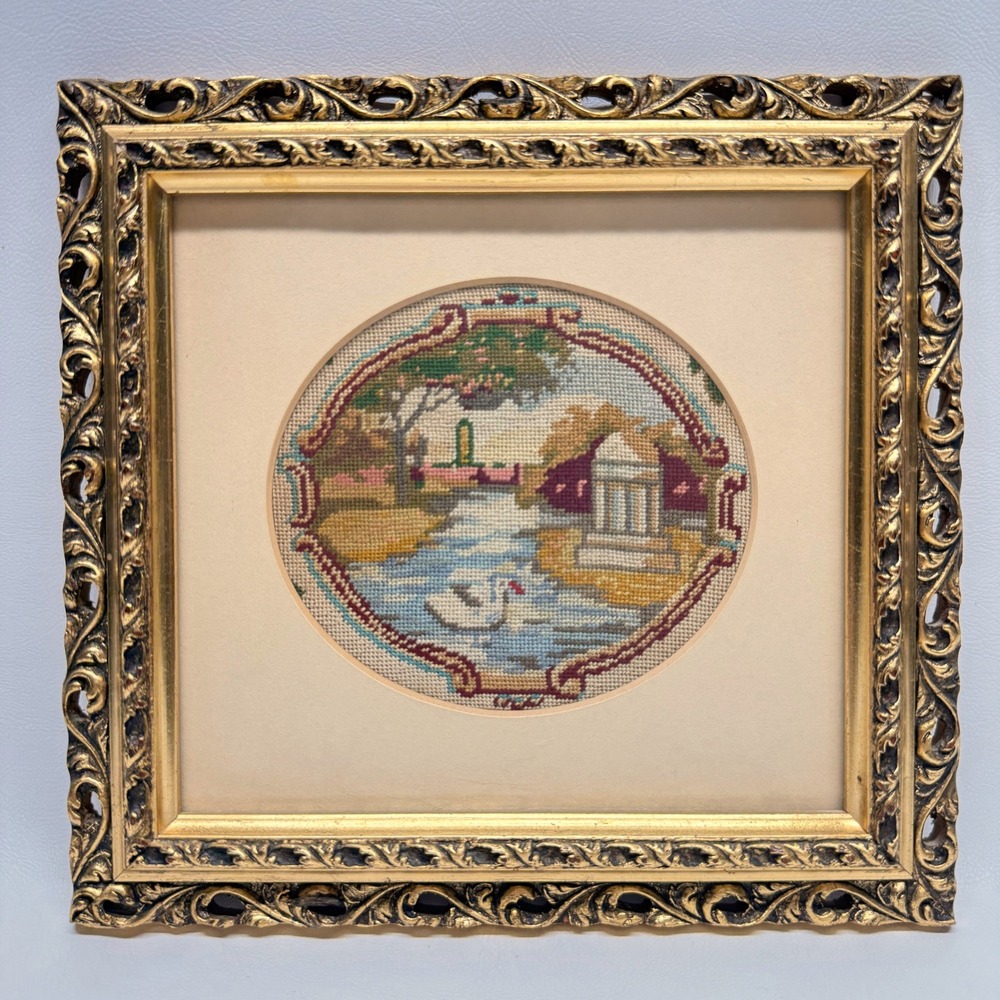 Vintage Framed Needlepoint Swan Pond Landscape Ornate Gold Frame Wall Art